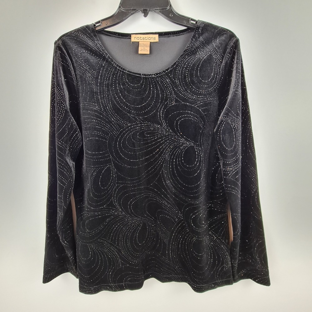 Notations Womens Black Glitter Velvet Swirl Long Sleeve Top Size M Whimsigoth